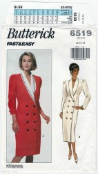6519 BUTTERICK VERY EASY DOUBLE BREASTED COLLAR DRESS LENGTHS PATTERN 12-16